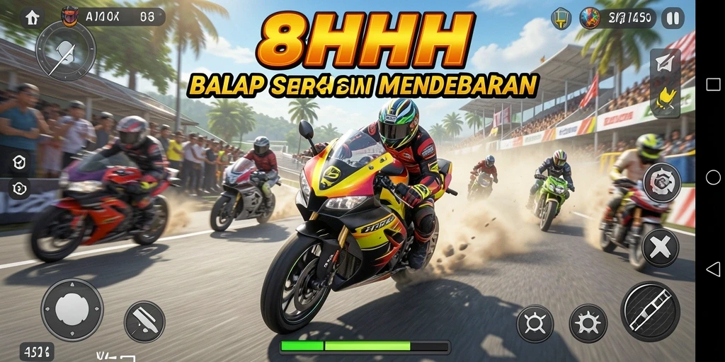 Screenshot gameplay 8HHH menunjukkan aksi balap motor yang mendebarkan.