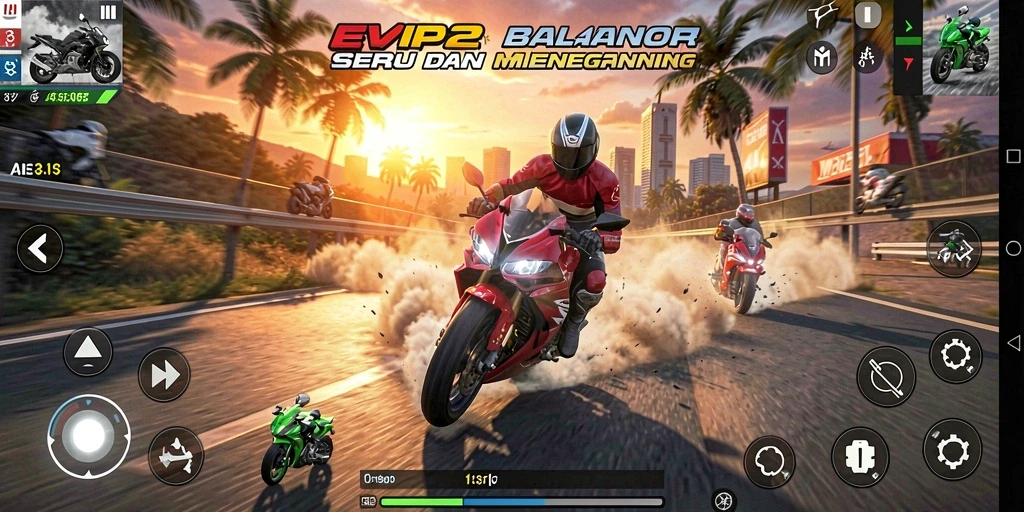 Screenshot gameplay EVIP2 menampilkan balapan motor yang seru dan intens.