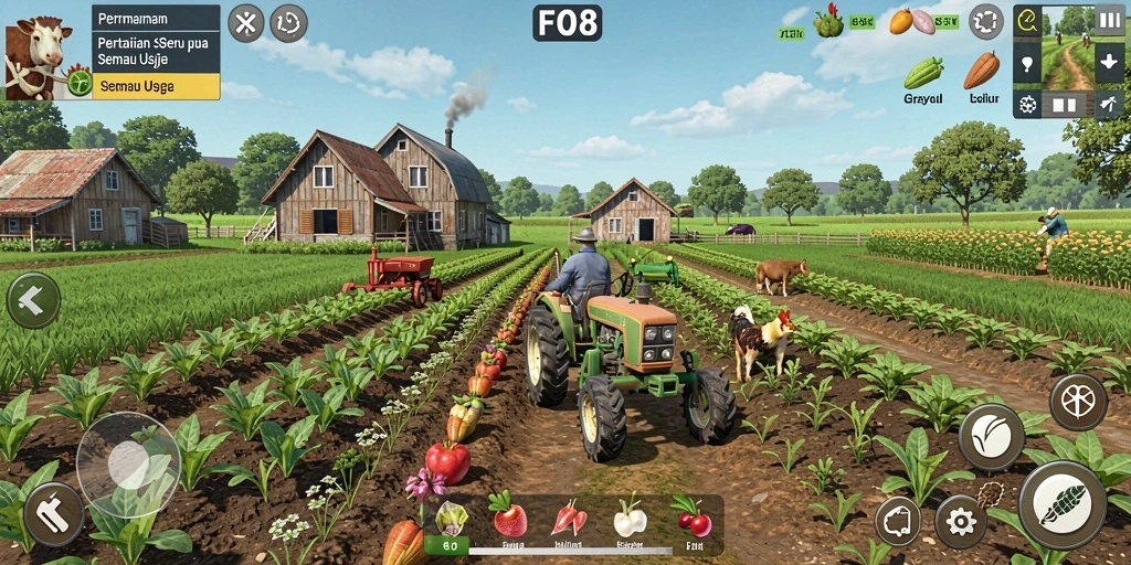Tampilan menarik dari gameplay FO8 yang menunjukkan kebun dan hewan ternak.