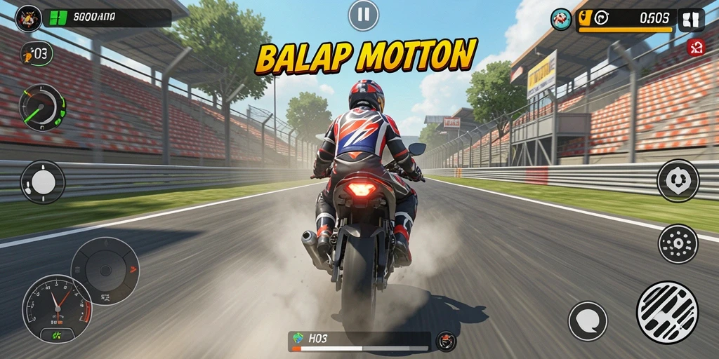 Tampilan gameplay H03 yang menampilkan aksi balap motor seru.