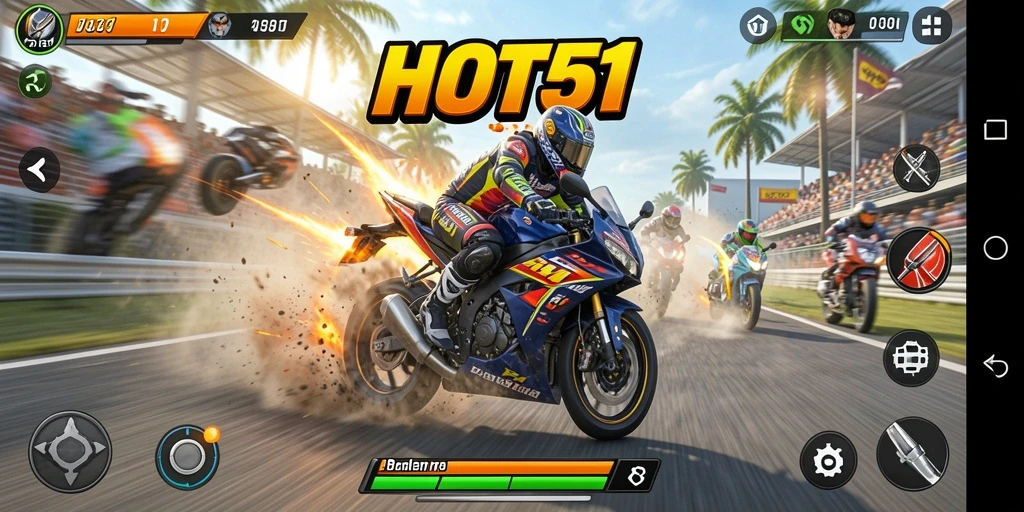 Gameplay HOT51 yang menampilkan aksi balapan motor yang mendebarkan.