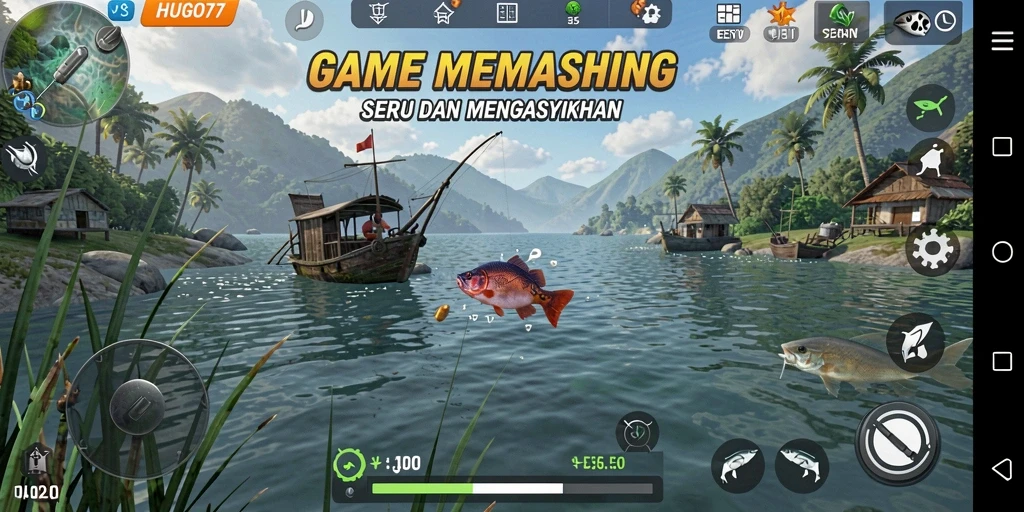 Menampilkan gameplay memancing yang seru dan interaktif di HUGO77.