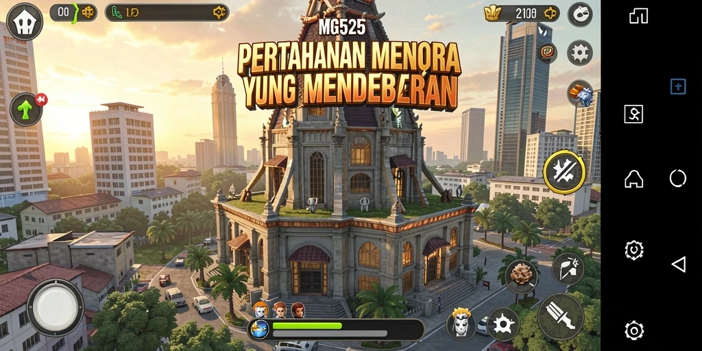 Tampilan gameplay MG525 dengan menara yang strategis dan musuh yang mengancam.