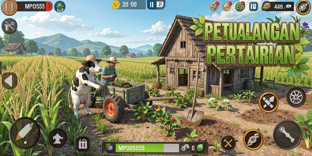 Tampilan gameplay MPO555 menampilkan ladang hijau yang subur dan aktivitas bertani.