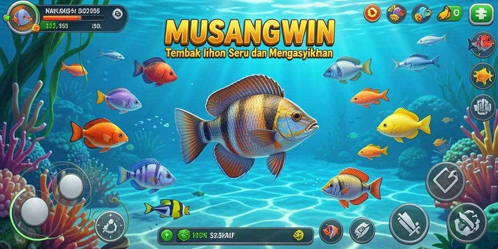 Screenshot utama MUSANGWIN dengan aksi menangkap ikan.
