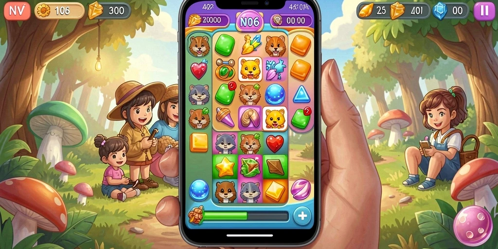 Tangkapan layar N06 menunjukkan gameplay Match-3 yang seru dan menantang.