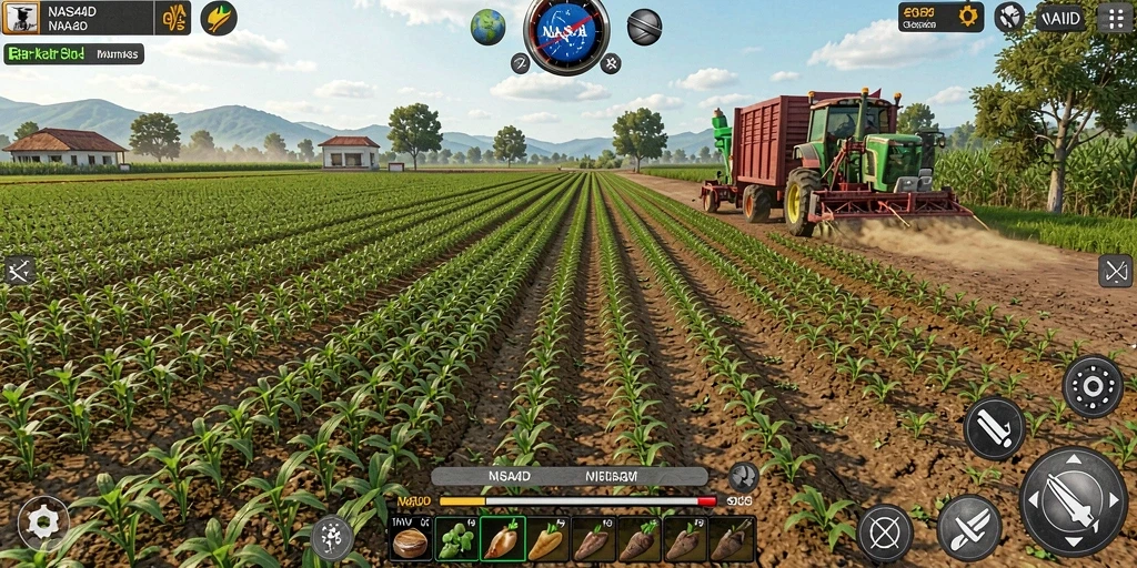 Screenshot gameplay NASA4D menunjukkan suasana ladang yang indah dan aktivitas bertani.
