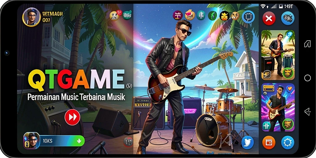 Tampilan gameplay seru dalam QTGAME dengan berbagai genre musik.