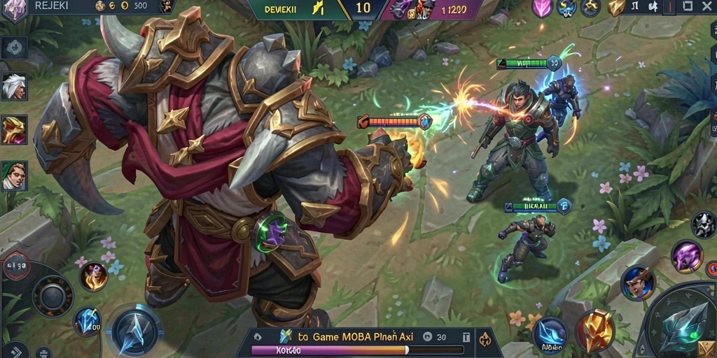 Screenshot gameplay menampilkan pertarungan epik dalam game MOBA.