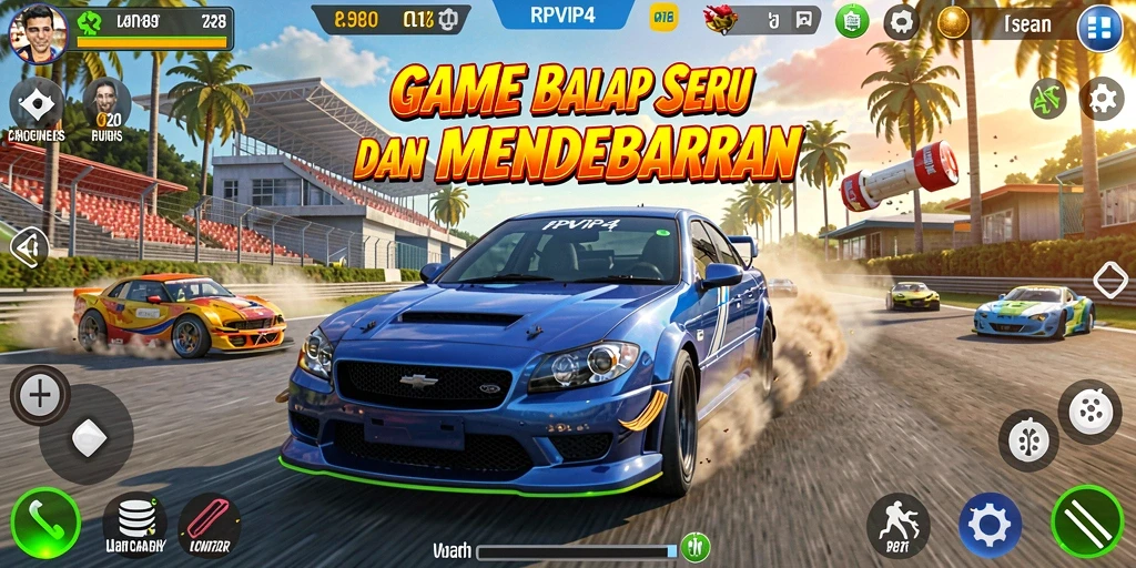 Gameplay menarik dalam RPVIP4, menunjukkan mobil balap dan trek yang mendebarkan.