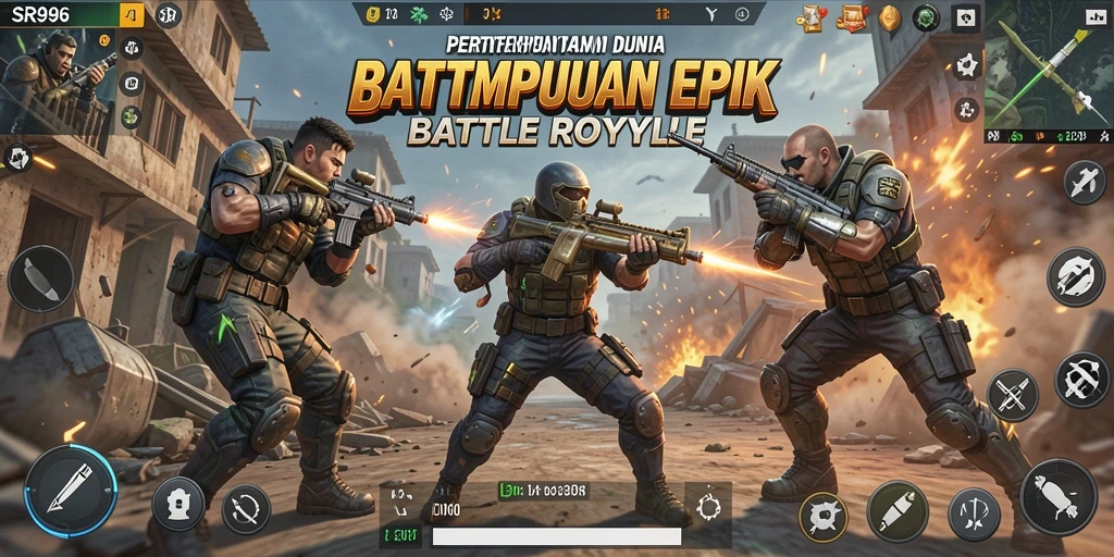 Tampilan permainan SR996 dengan aksi pertempuran yang intens di arena Battle Royale.