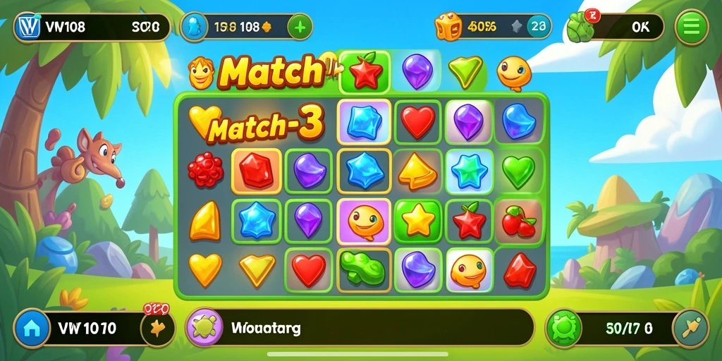Screenshot gameplay VW108 yang menampilkan aksi Match-3 yang seru.